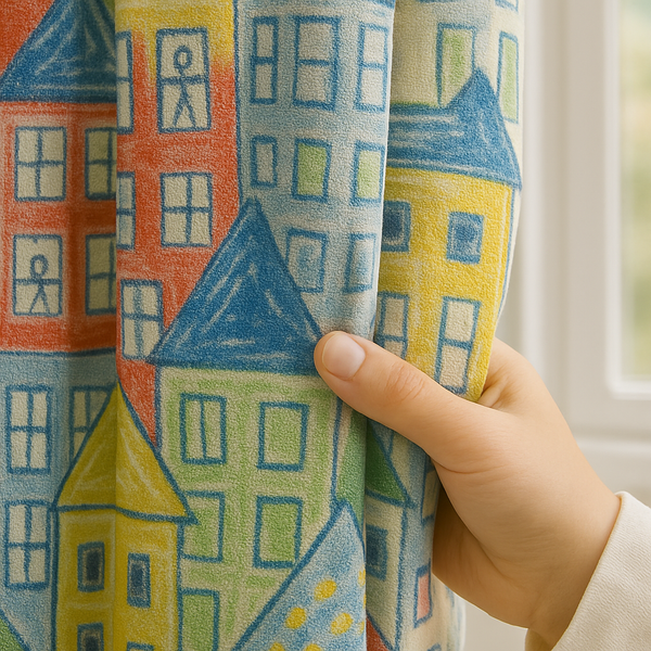 Kids Room Linen Blackout Curtains with Colourful City Print — Extra Wide & Long — Custom Sizes & Headings — Single or Pair — Light Filtering or 100% Blackout Lining