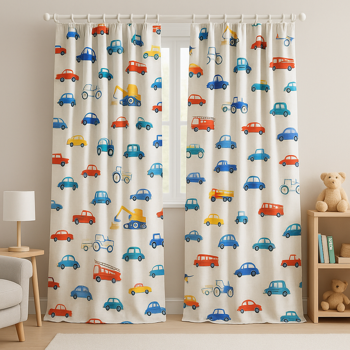 Kids Bedroom Linen Curtains With Fun Vehicle Print – Custom Sizes – Blackout & Light Filtering Options – Extra Wide & Long – Buy Single or Pair
