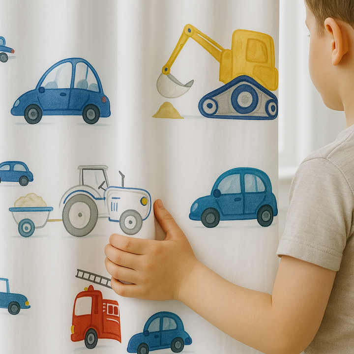 Kids Bedroom Linen Curtains With Fun Vehicle Print – Custom Sizes – Blackout & Light Filtering Options – Extra Wide & Long – Buy Single or Pair