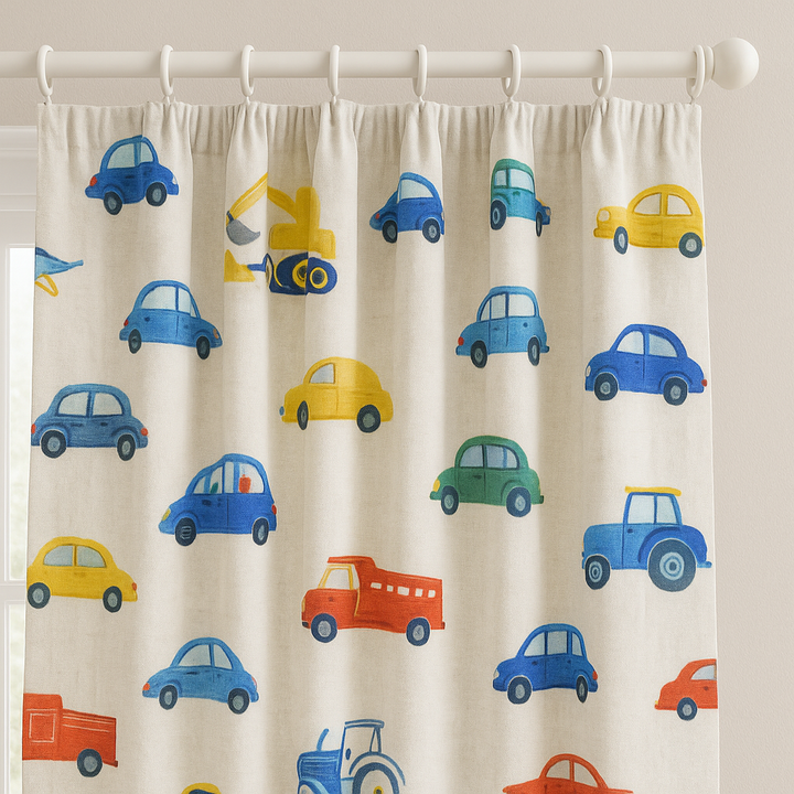 Kids Bedroom Linen Curtains With Fun Vehicle Print – Custom Sizes – Blackout & Light Filtering Options – Extra Wide & Long – Buy Single or Pair