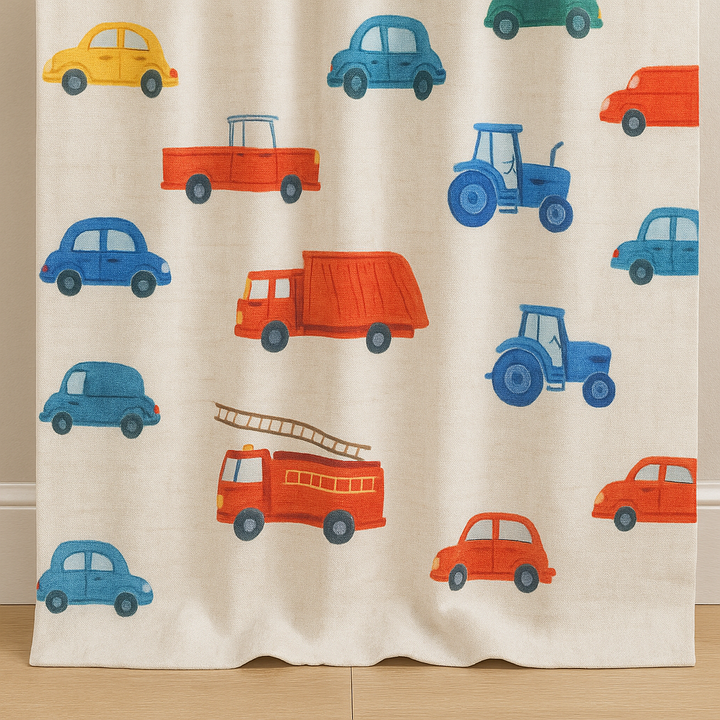 Kids Bedroom Linen Curtains With Fun Vehicle Print – Custom Sizes – Blackout & Light Filtering Options – Extra Wide & Long – Buy Single or Pair