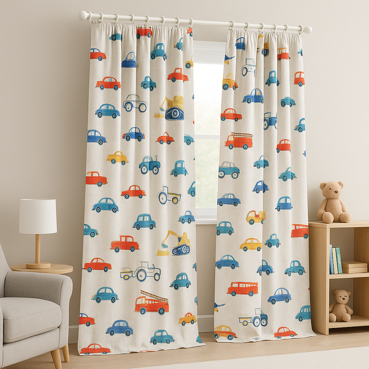 Kids Bedroom Linen Curtains With Fun Vehicle Print – Custom Sizes – Blackout & Light Filtering Options – Extra Wide & Long – Buy Single or Pair
