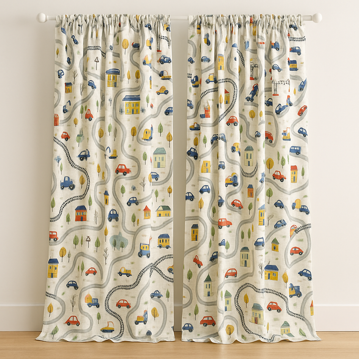 Kids Linen Road Map Curtains — Extra Wide, Blackout or Light Filtering, Custom Sizes