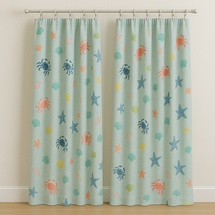 Sea Life Linen Curtains for Kids – Custom Sizes | Light Filtering or 100% Blackout Liner | Rod Pocket, Back Tabs, Grommets or Hooks Top