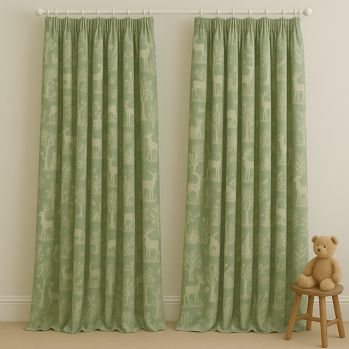Sage Green Linen Curtains with Animal & Nature Print | Custom Sizes | Blackout & Light Filtering Options | Rod & Track Compatible