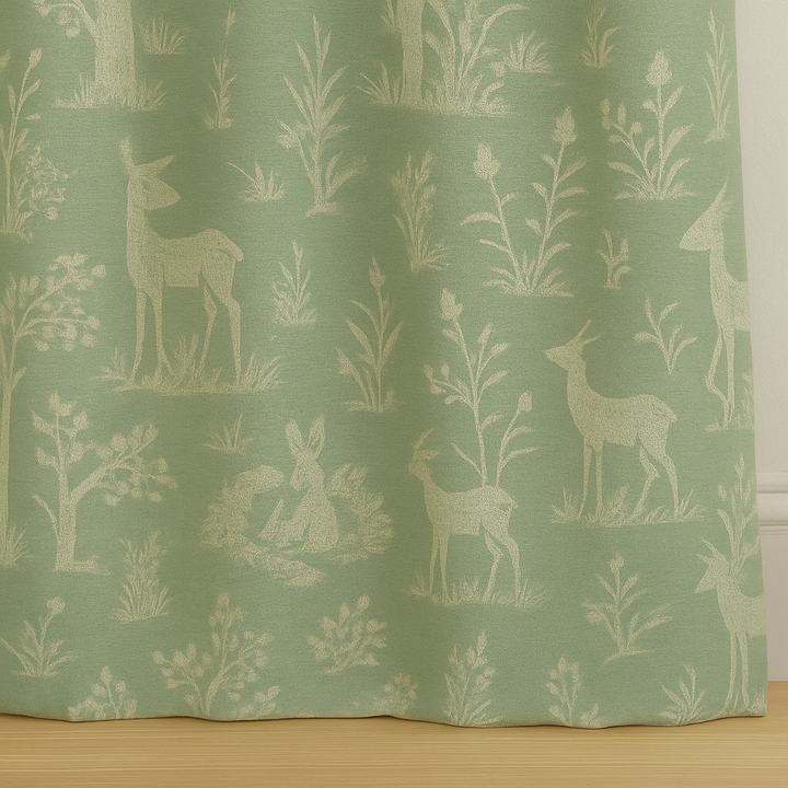 Sage Green Linen Curtains with Animal & Nature Print | Custom Sizes | Blackout & Light Filtering Options | Rod & Track Compatible