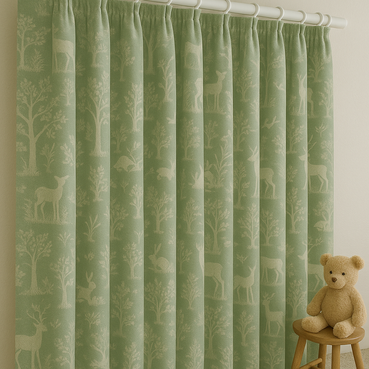 Sage Green Linen Curtains with Animal & Nature Print | Custom Sizes | Blackout & Light Filtering Options | Rod & Track Compatible