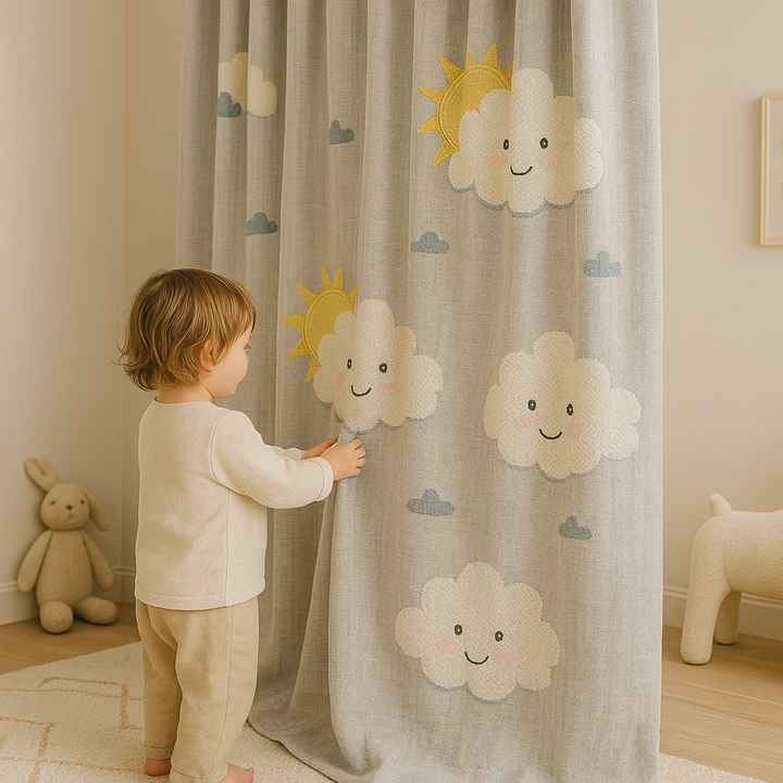 Kids Linen Curtains with Cute Clouds & Sun Embroidery | Extra Wide & Long | Blackout & Light Filtering Options | Custom Sizes | Nursery & Children’s Room Drapes