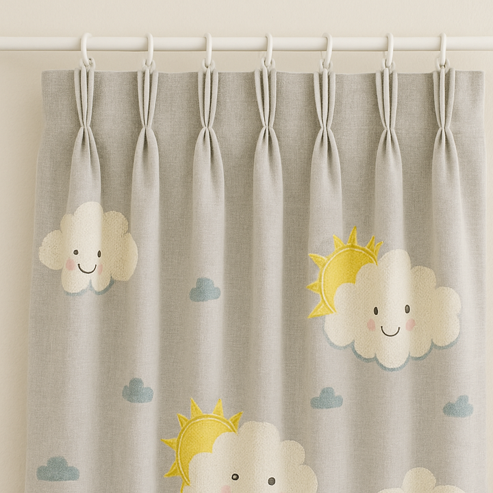 Kids Linen Curtains with Cute Clouds & Sun Embroidery | Extra Wide & Long | Blackout & Light Filtering Options | Custom Sizes | Nursery & Children’s Room Drapes