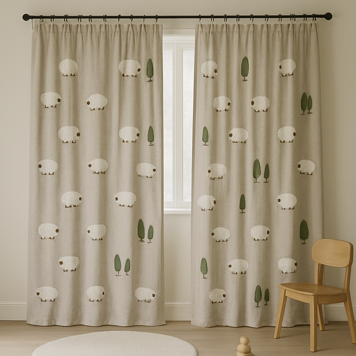 Embroidered Sheep Linen Curtains for Kids Room & Nursery — Custom Sizes — Single or Pair — Blackout or Cotton Lining — Rod & Track Compatible