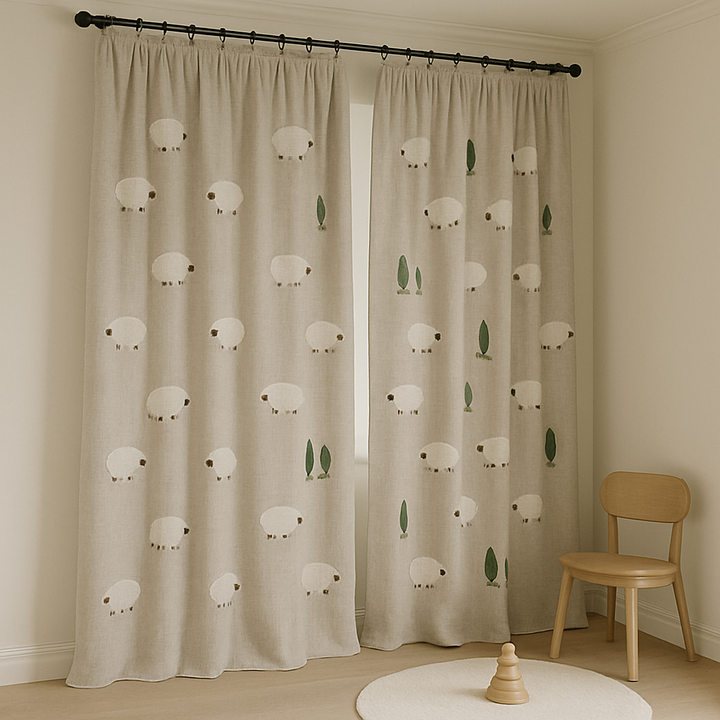 Embroidered Sheep Linen Curtains for Kids Room & Nursery — Custom Sizes — Single or Pair — Blackout or Cotton Lining — Rod & Track Compatible