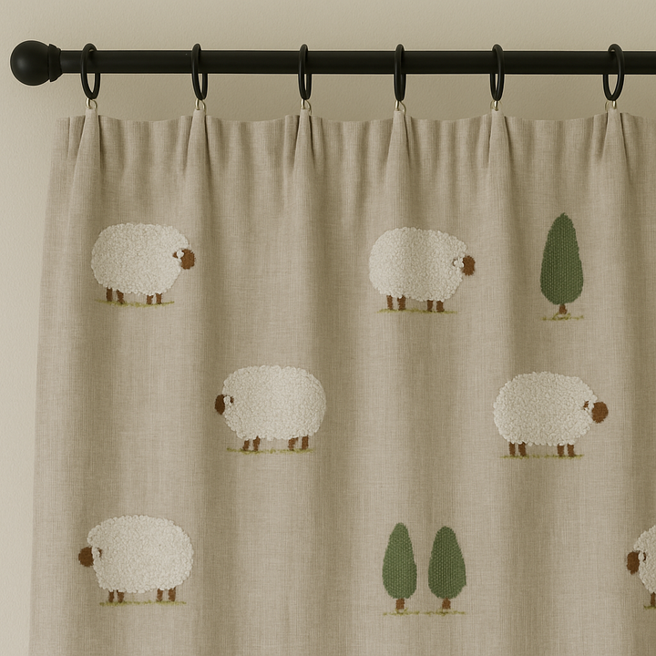 Embroidered Sheep Linen Curtains for Kids Room & Nursery — Custom Sizes — Single or Pair — Blackout or Cotton Lining — Rod & Track Compatible