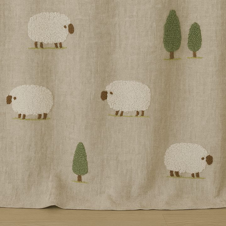 Embroidered Sheep Linen Curtains for Kids Room & Nursery — Custom Sizes — Single or Pair — Blackout or Cotton Lining — Rod & Track Compatible