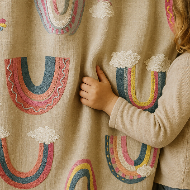 Rainbow Embroidered Linen Curtains for Kids — Custom Sizes, Blackout or Light Filtering Options