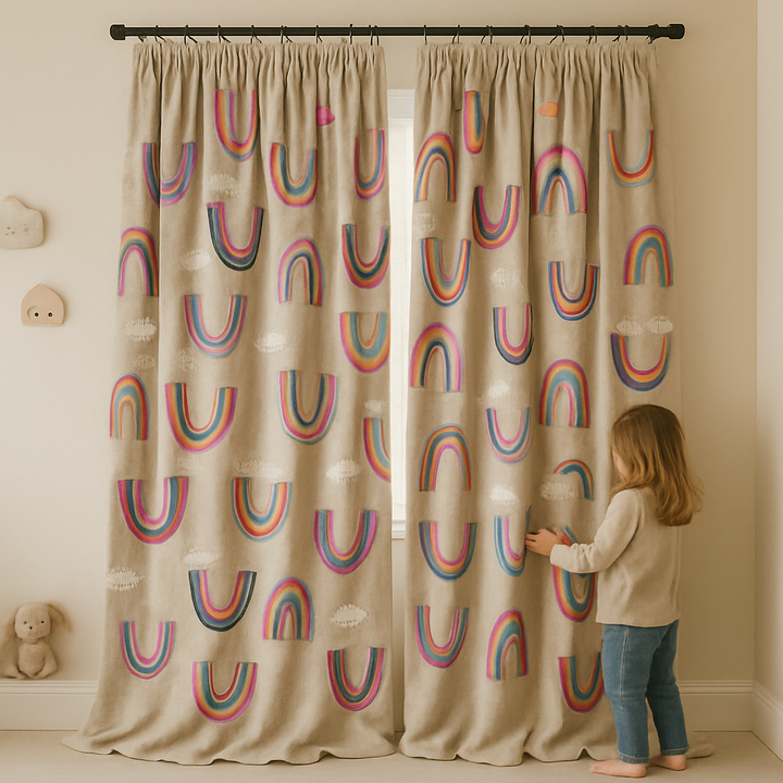 Rainbow Embroidered Linen Curtains for Kids — Custom Sizes, Blackout or Light Filtering Options