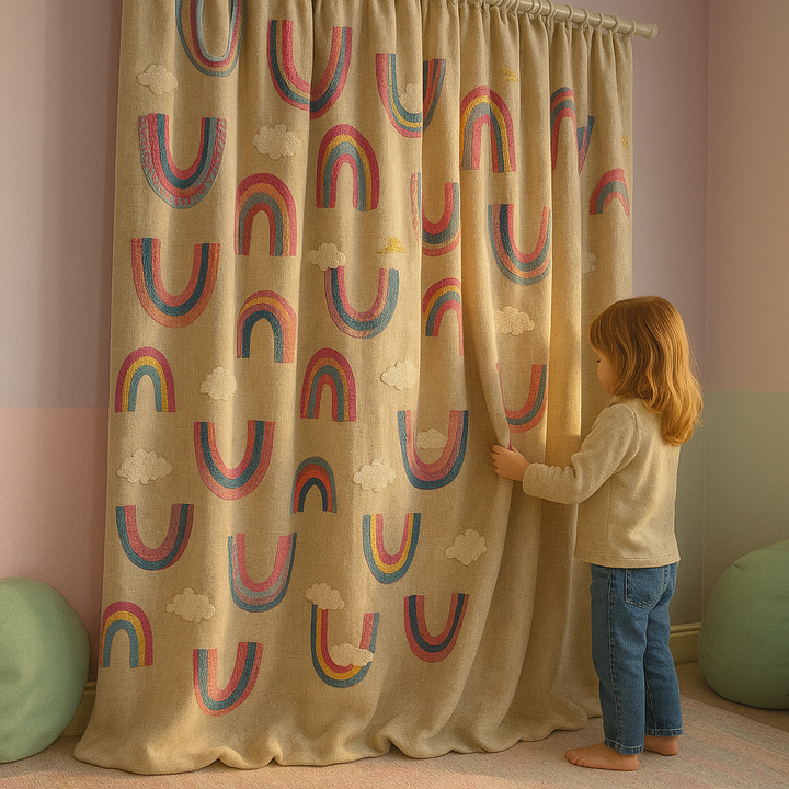 Rainbow Embroidered Linen Curtains for Kids — Custom Sizes, Blackout or Light Filtering Options