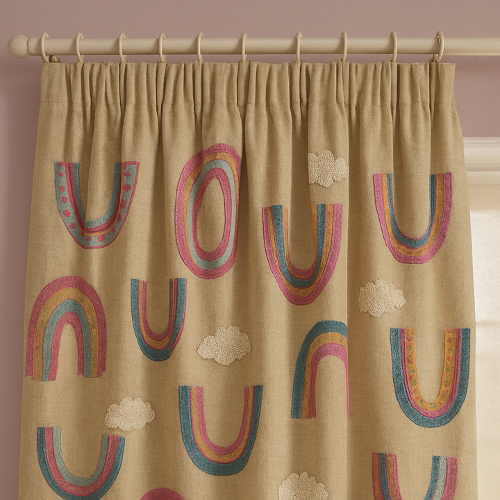 Rainbow Embroidered Linen Curtains for Kids — Custom Sizes, Blackout or Light Filtering Options