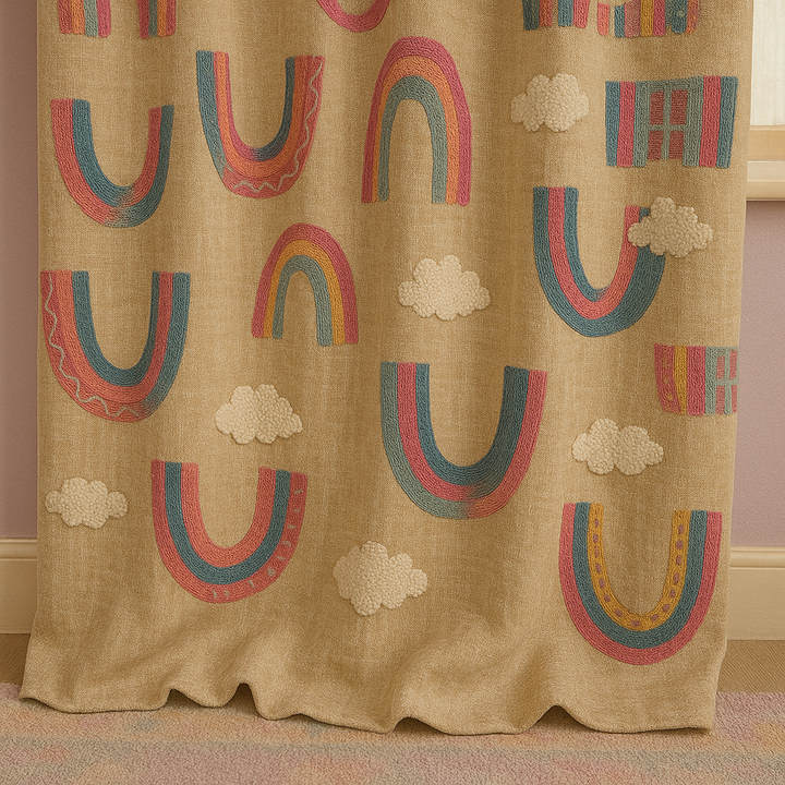 Rainbow Embroidered Linen Curtains for Kids — Custom Sizes, Blackout or Light Filtering Options