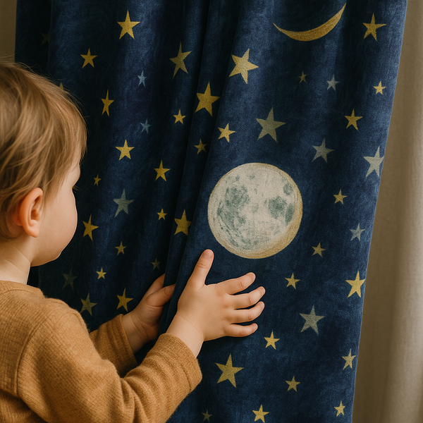 Celestial Stars & Moon Linen Curtains for Kids Room - Custom Sizes - Light Filtering or Blackout Liner - Single or Pair - Rod & Track Compatible