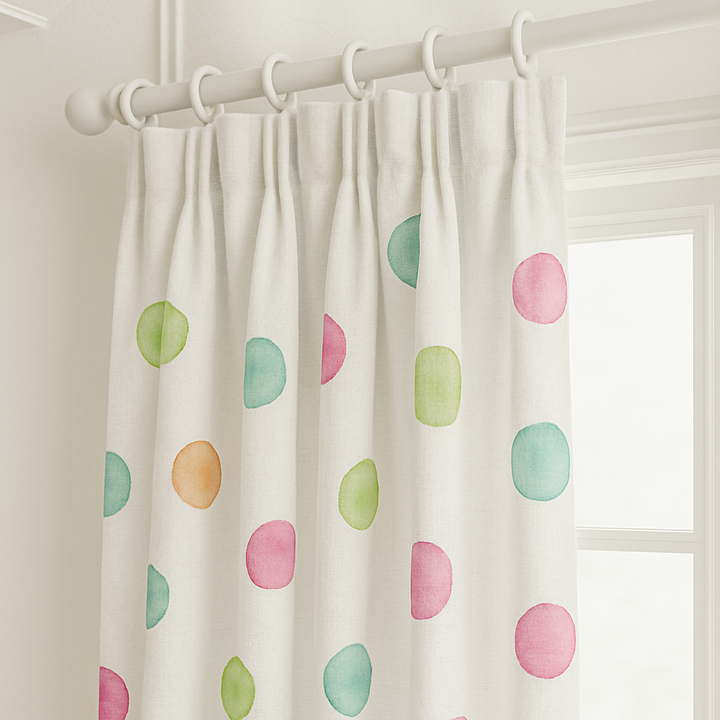 White Linen Polka Dot Curtains for Kids Room - Custom Sizes, Blackout or Light Filtering Liners, Rod or Track Compatible