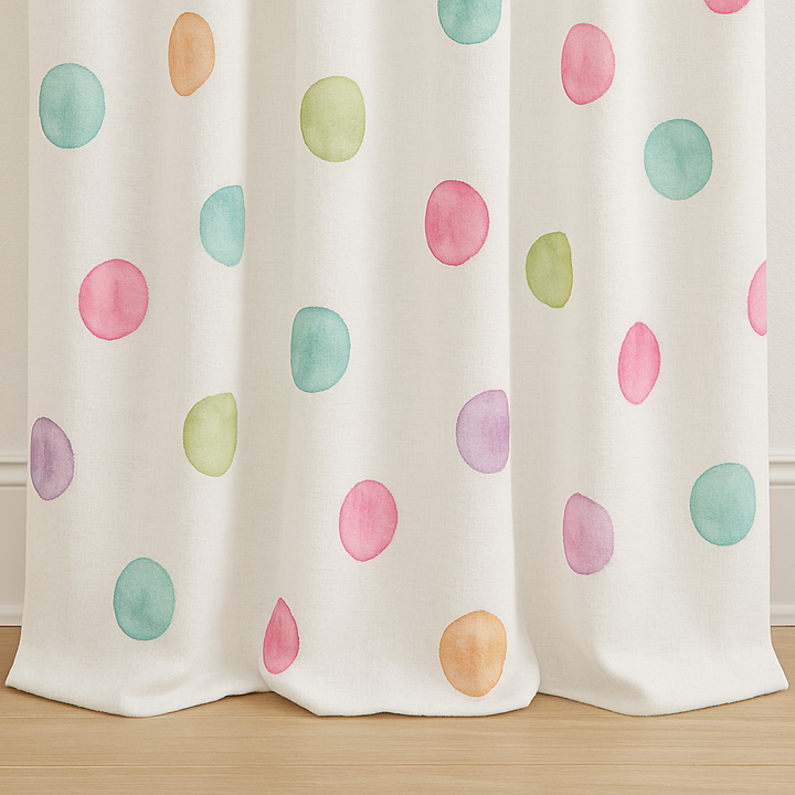 White Linen Polka Dot Curtains for Kids Room - Custom Sizes, Blackout or Light Filtering Liners, Rod or Track Compatible