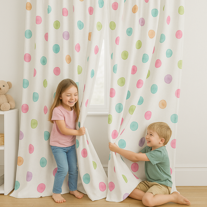 White Linen Polka Dot Curtains for Kids Room - Custom Sizes, Blackout or Light Filtering Liners, Rod or Track Compatible