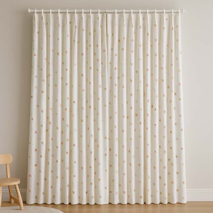 Embroidered Linen Kids Curtains – Soft White Floral Curtain Panel with Custom Sizes – Optional Blackout or Cotton Lining – Rod or Track Compatible