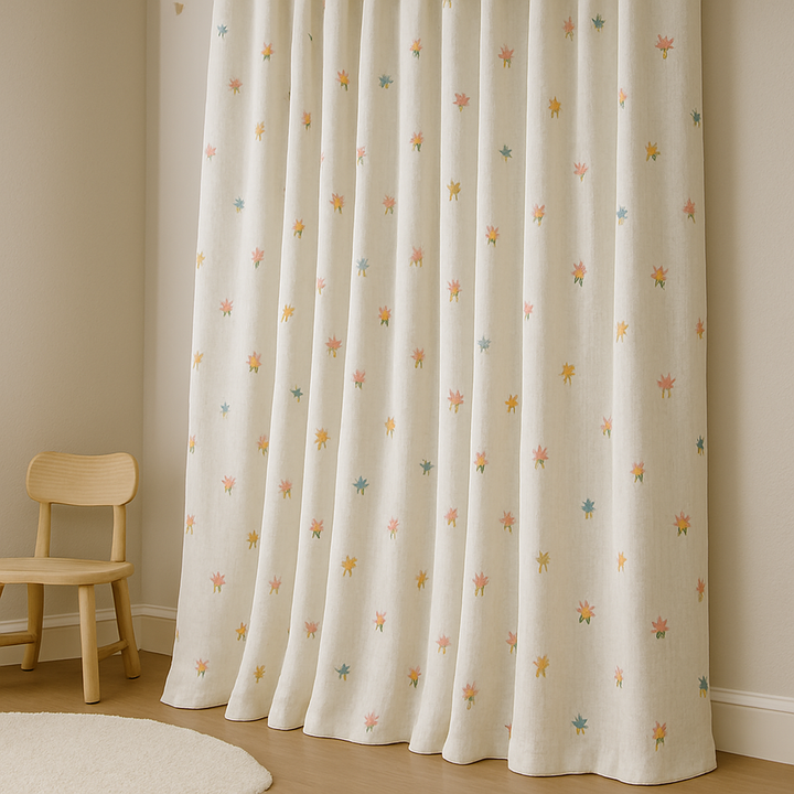 Embroidered Linen Kids Curtains – Soft White Floral Curtain Panel with Custom Sizes – Optional Blackout or Cotton Lining – Rod or Track Compatible