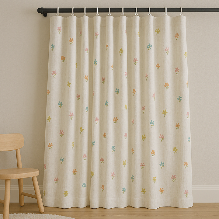 Embroidered Linen Kids Curtains – Soft White Floral Curtain Panel with Custom Sizes – Optional Blackout or Cotton Lining – Rod or Track Compatible