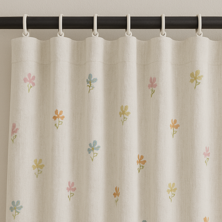 Embroidered Linen Kids Curtains – Soft White Floral Curtain Panel with Custom Sizes – Optional Blackout or Cotton Lining – Rod or Track Compatible