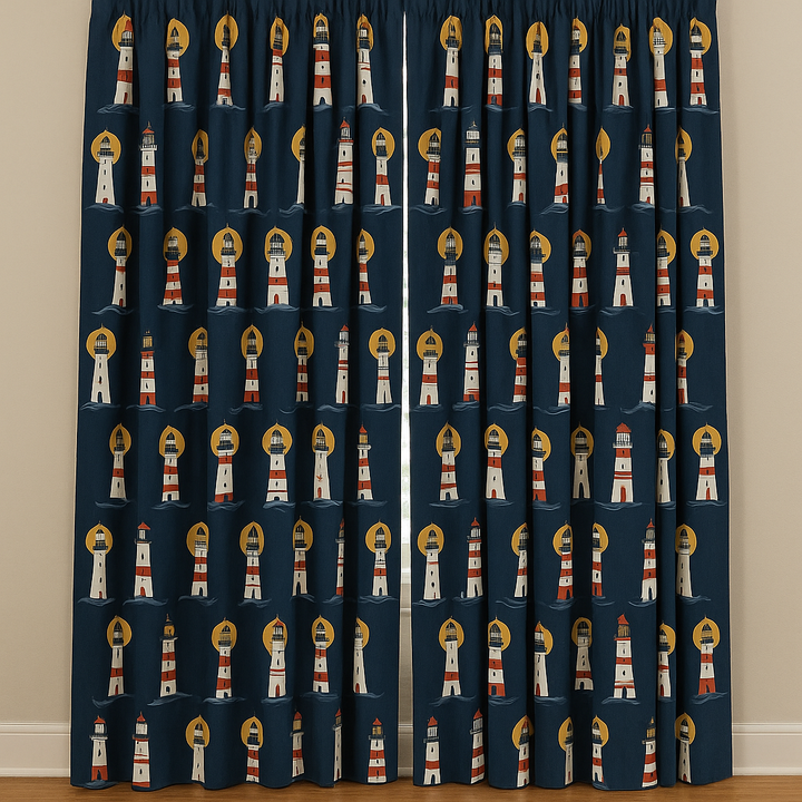 Lighthouse Navy Cotton Kids Curtains – Nautical Bedroom Drapes, Light-Filtering or 100 % Blackout