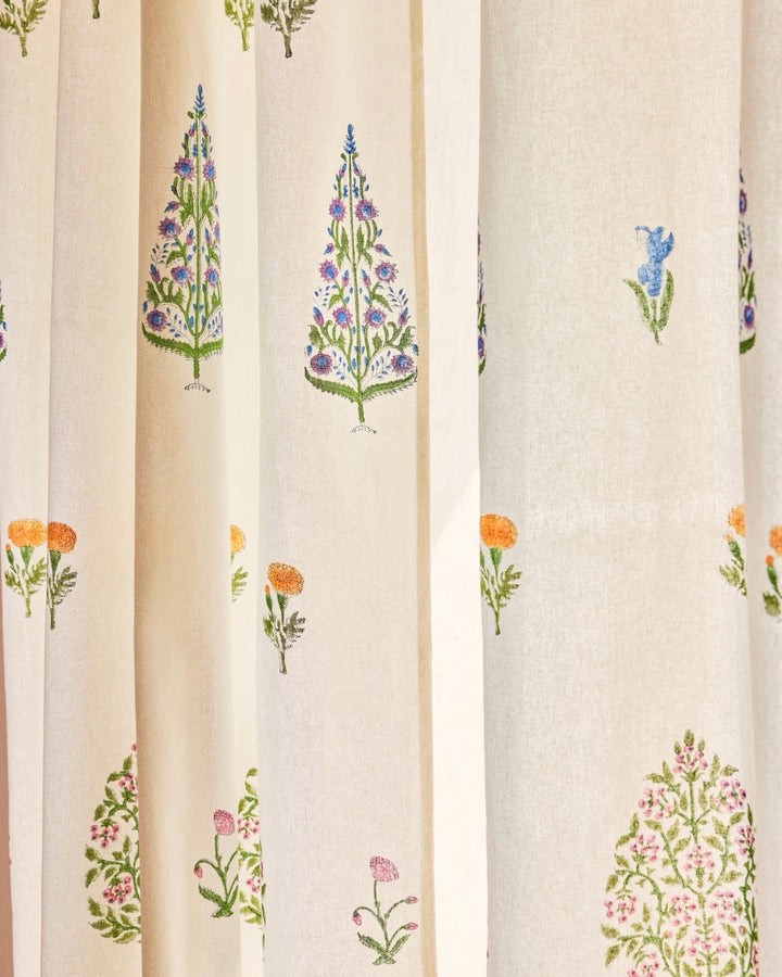 Hand Block Printed Linen Curtains | Tree & Floral Motif | Light Filtering Opaque For Privacy