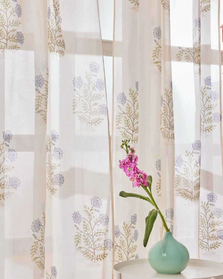 White, Blue & Green Hand Block Printed Linen Curtains | Floral Pattern