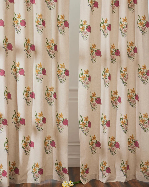 Beige Hand Block Printed Linen Curtains | Pomegranate & Floral Design