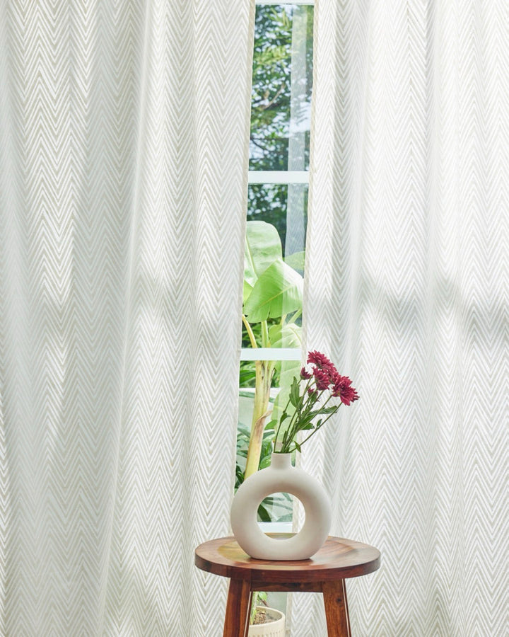 Off-White & Grey Hand Block Printed Linen Curtains | Chevron Pattern