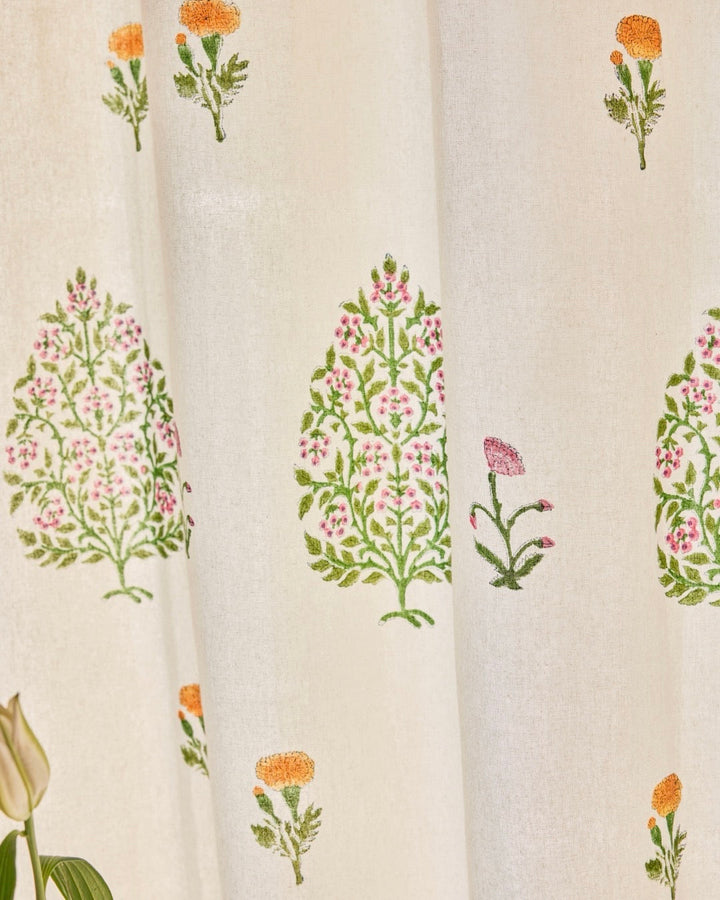 Hand Block Printed Linen Curtains | Tree & Floral Motif | Light Filtering Opaque For Privacy