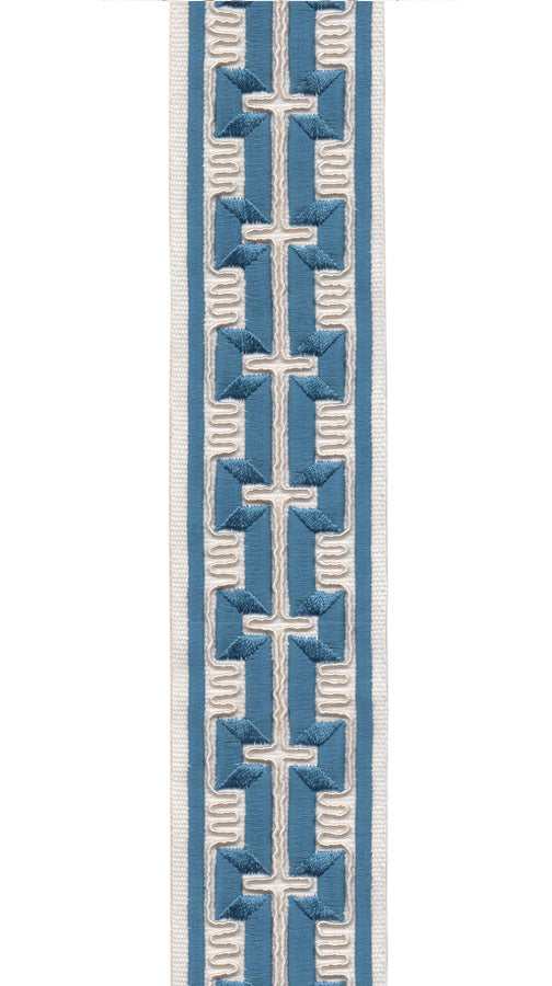 Geometric Embroidered Greek Key Trim | 6cm Wide Cotton Canvas Border Tape | Curtain, Cushion & Craft Trimming by the Metre Ivory Blue