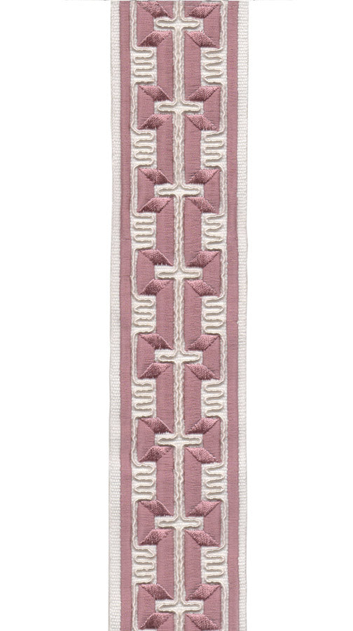 Geometric Embroidered Greek Key Trim | 6cm Wide Cotton Canvas Border Tape | Curtain, Cushion & Craft Trimming by the Metre Ivory Blush