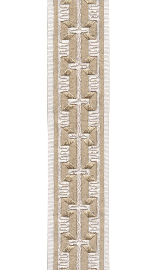 Geometric Embroidered Greek Key Trim | 6cm Wide Cotton Canvas Border Tape | Curtain, Cushion & Craft Trimming by the Metre Ivory Gold