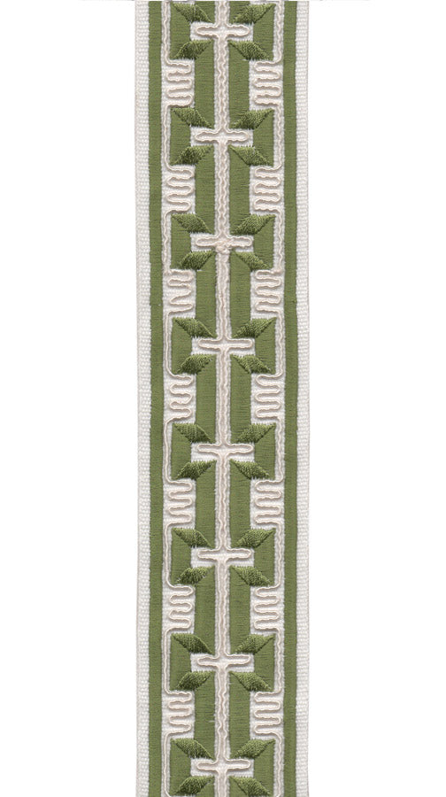 Geometric Embroidered Greek Key Trim | 6cm Wide Cotton Canvas Border Tape | Curtain, Cushion & Craft Trimming by the Metre Ivory Green