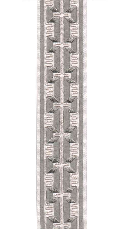 Geometric Embroidered Greek Key Trim | 6cm Wide Cotton Canvas Border Tape | Curtain, Cushion & Craft Trimming by the Metre Ivory Grey