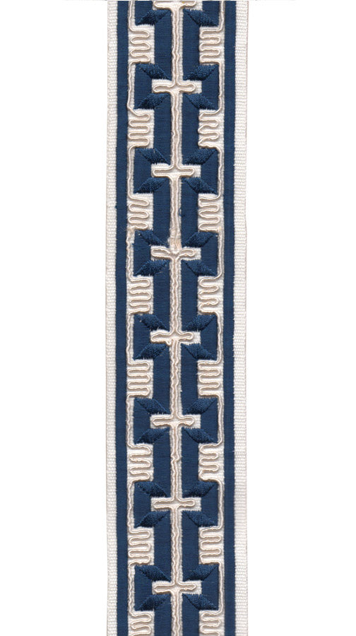 Geometric Embroidered Greek Key Trim | 6cm Wide Cotton Canvas Border Tape | Curtain, Cushion & Craft Trimming by the Metre Ivory Navy
