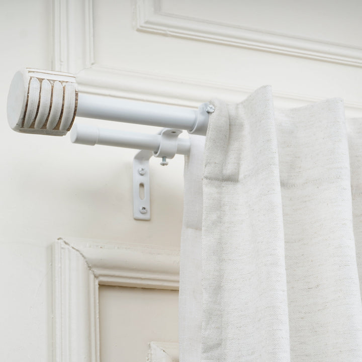 Double Curtain Pole | White | Extendable & Adjustable | Distressed Wooden Finials | 28-144 Inch