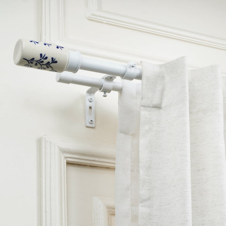 White Double Curtain Pole | Extendable & Adjustable | 28-144 Inch | Includes Ceramic Finials