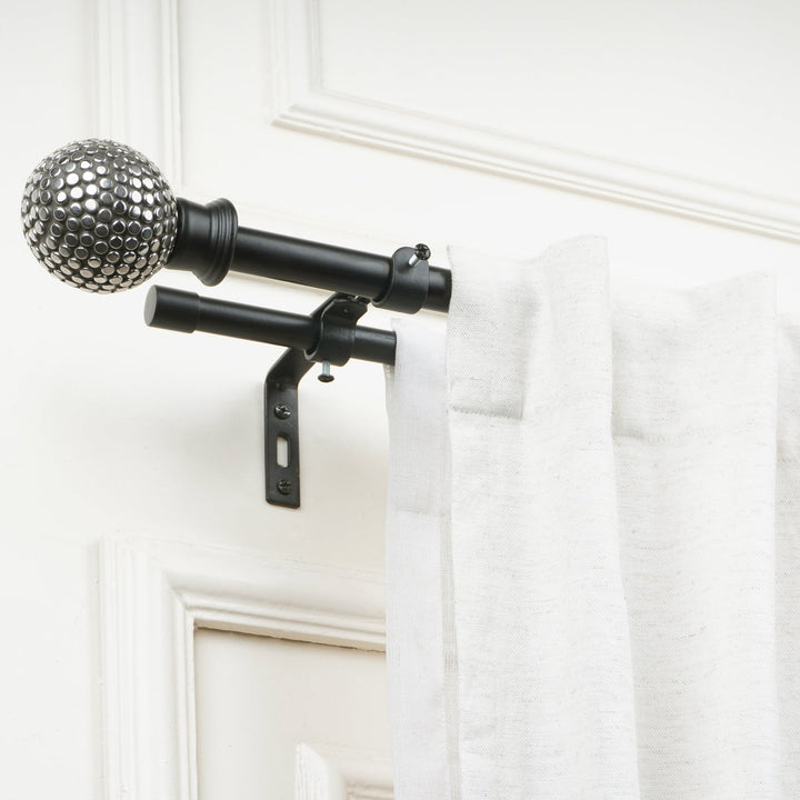 Black Double Curtain Pole with Ball Finials | Extendable & Adjustable | For Bay Windows | Small & Large Windows