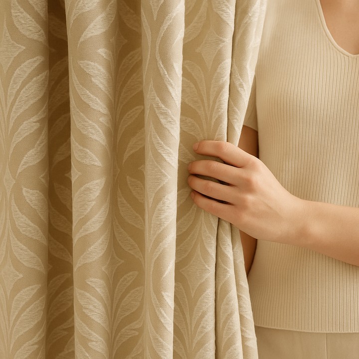 Luxury Cotton-Linen Jacquard Leaf-Pattern Curtains – Custom Sizes, Blackout or Light-Filtering