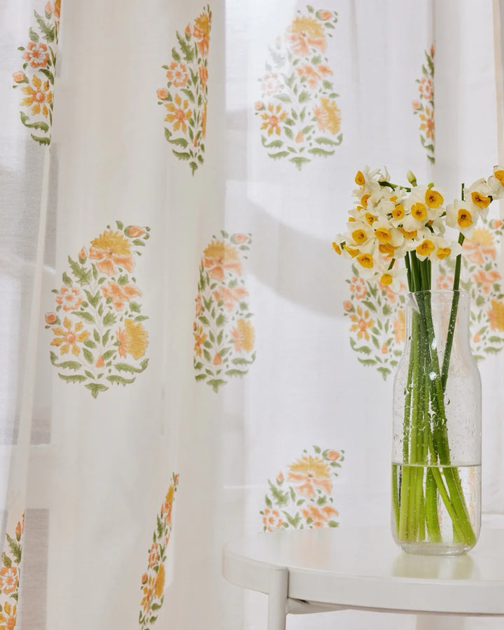 White & Yellow Hand Block Printed Linen Curtains | Floral Bouquet Design