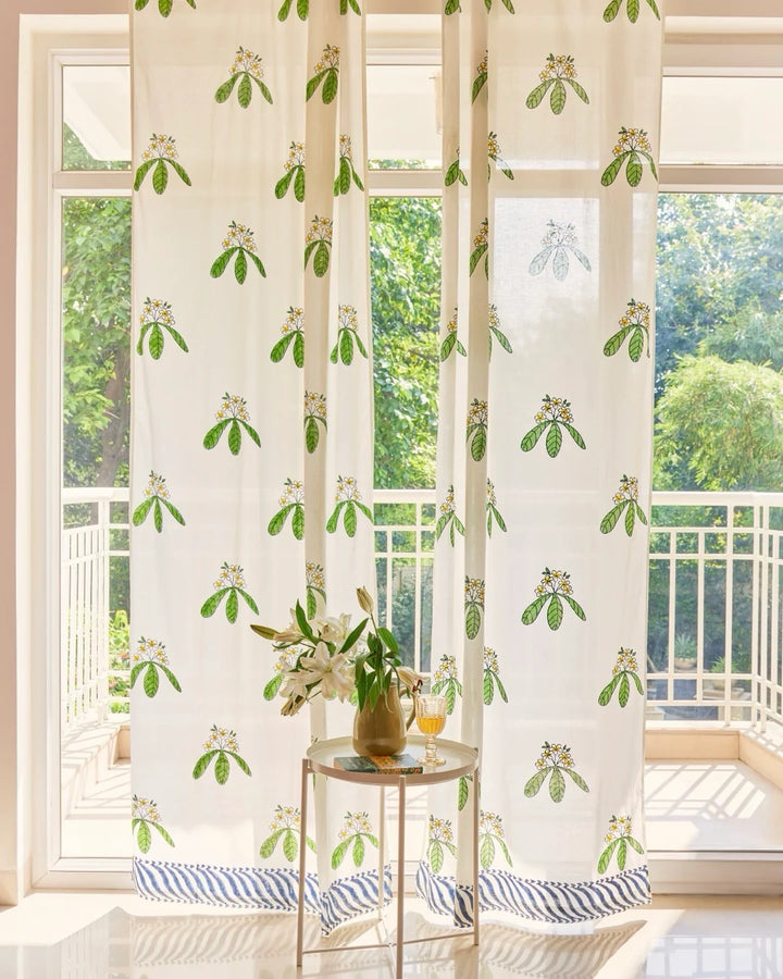 White & Green Hand Block Printed Linen Curtains | Frangipani Design