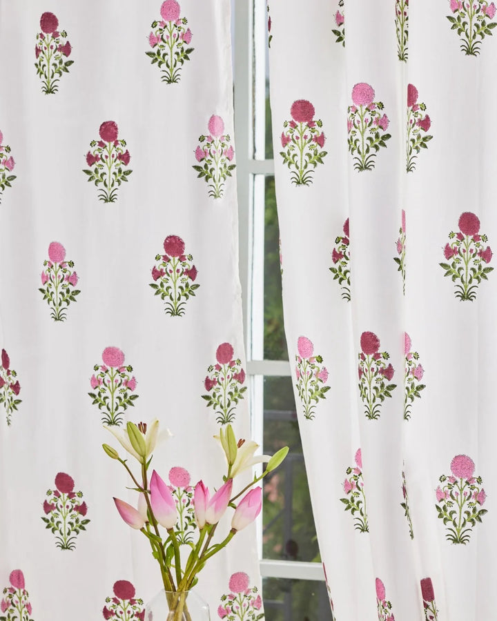 White & Pink Hand Block Printed Linen Curtains | Floral Design