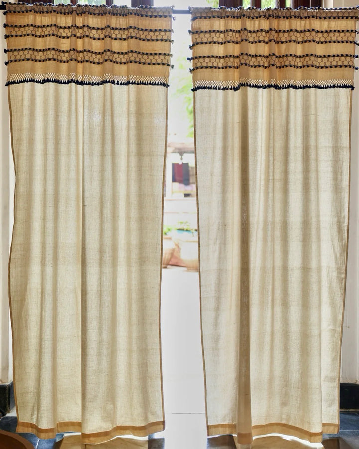 Natural Linen Curtains with Blue Tassels | Rod Pocket